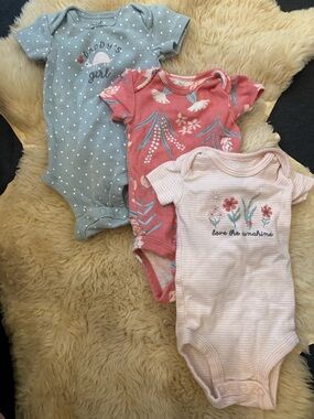 Carter's Pink, Coral & Blue Floral Stripe 3-Pack One-Piece Bodysuits